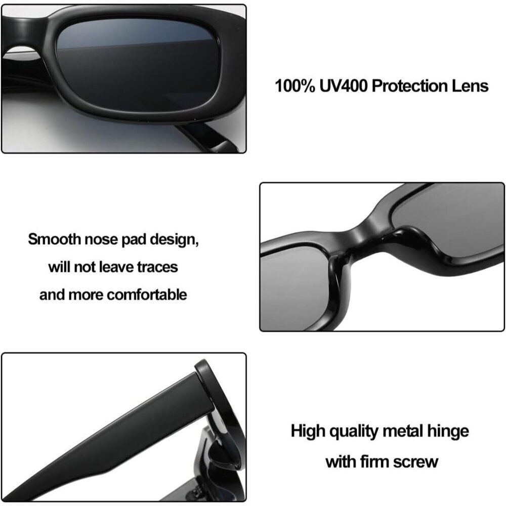 Trendy Rectangle 2 Black Sunglasses Women Men Retro Square Fashion Shades - Picture 3 of 5